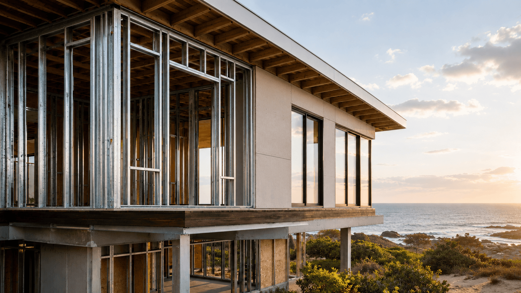 Estrutura em Light Steel Framing em obra próxima a ambiente litorâneo, usada para contextualizar cuidados de especificação e proteção contra corrosão.