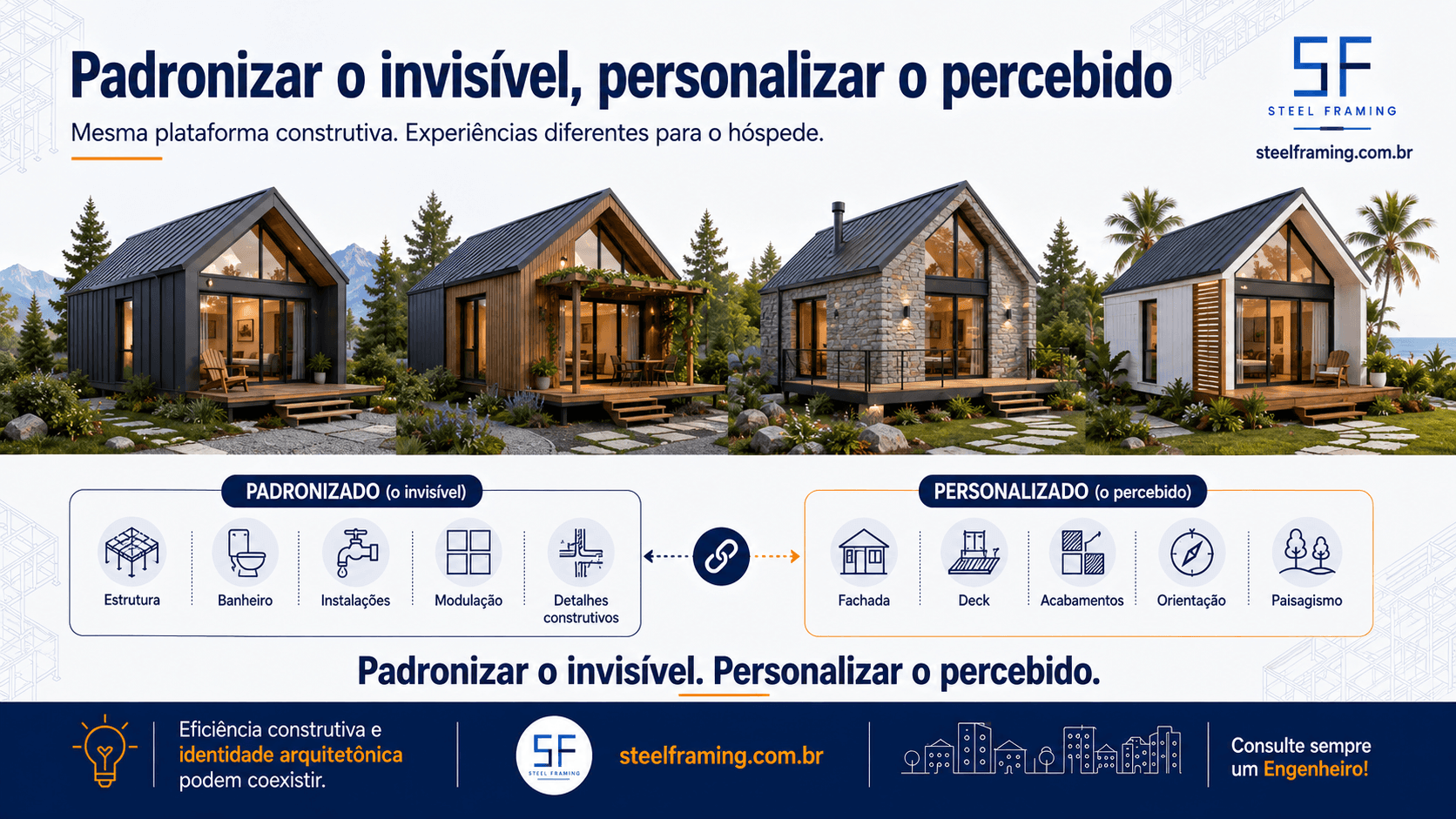 Infográfico mostrando componentes técnicos repetitivos que podem ser padronizados sem tornar todas as unidades arquitetonicamente idênticas.
