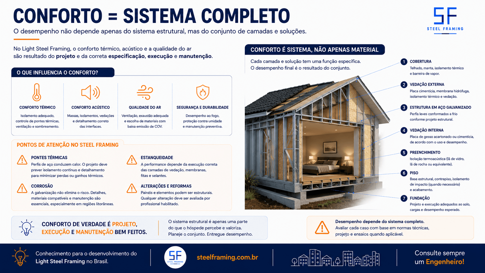 Diagrama explicando que conforto térmico e acústico dependem do conjunto formado por estrutura, fechamentos, isolamentos, esquadrias, cobertura e execução.