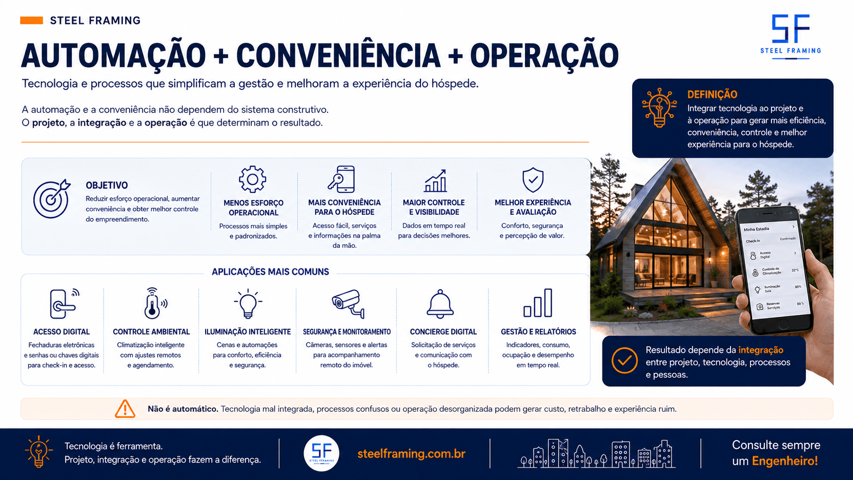 Infográfico relacionando automação, conveniência para o hóspede e rotinas de operação, sem atribuir essas tecnologias ao Light Steel Framing.