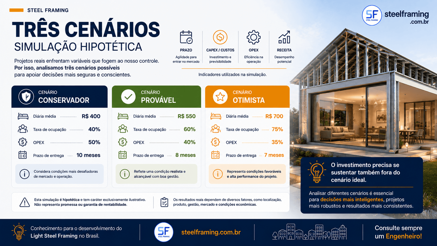 Simulação hipotética com cenários conservador, provável e otimista para análise de investimento imobiliário.