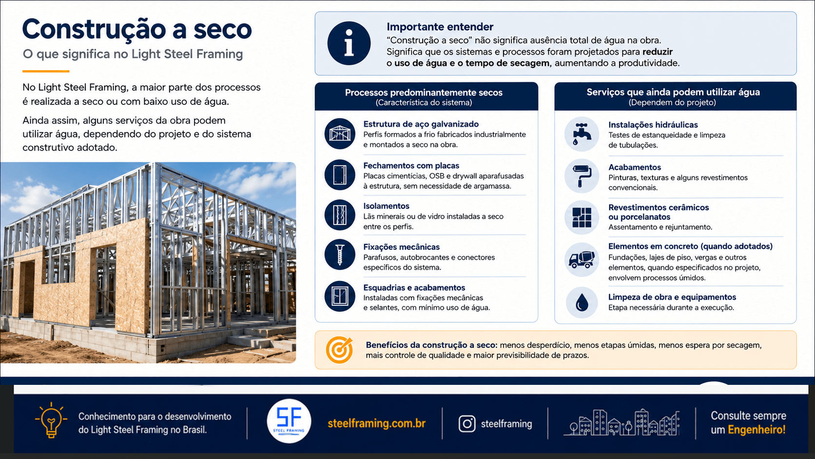 Infográfico sobre processos predominantemente secos e serviços que podem usar água no Light Steel Framing.