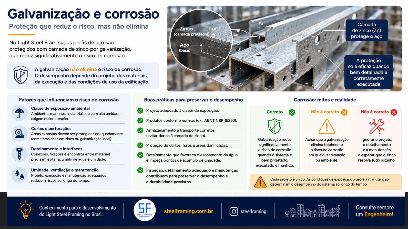 Infográfico sobre galvanização e fatores que influenciam a corrosão no Light Steel Framing.