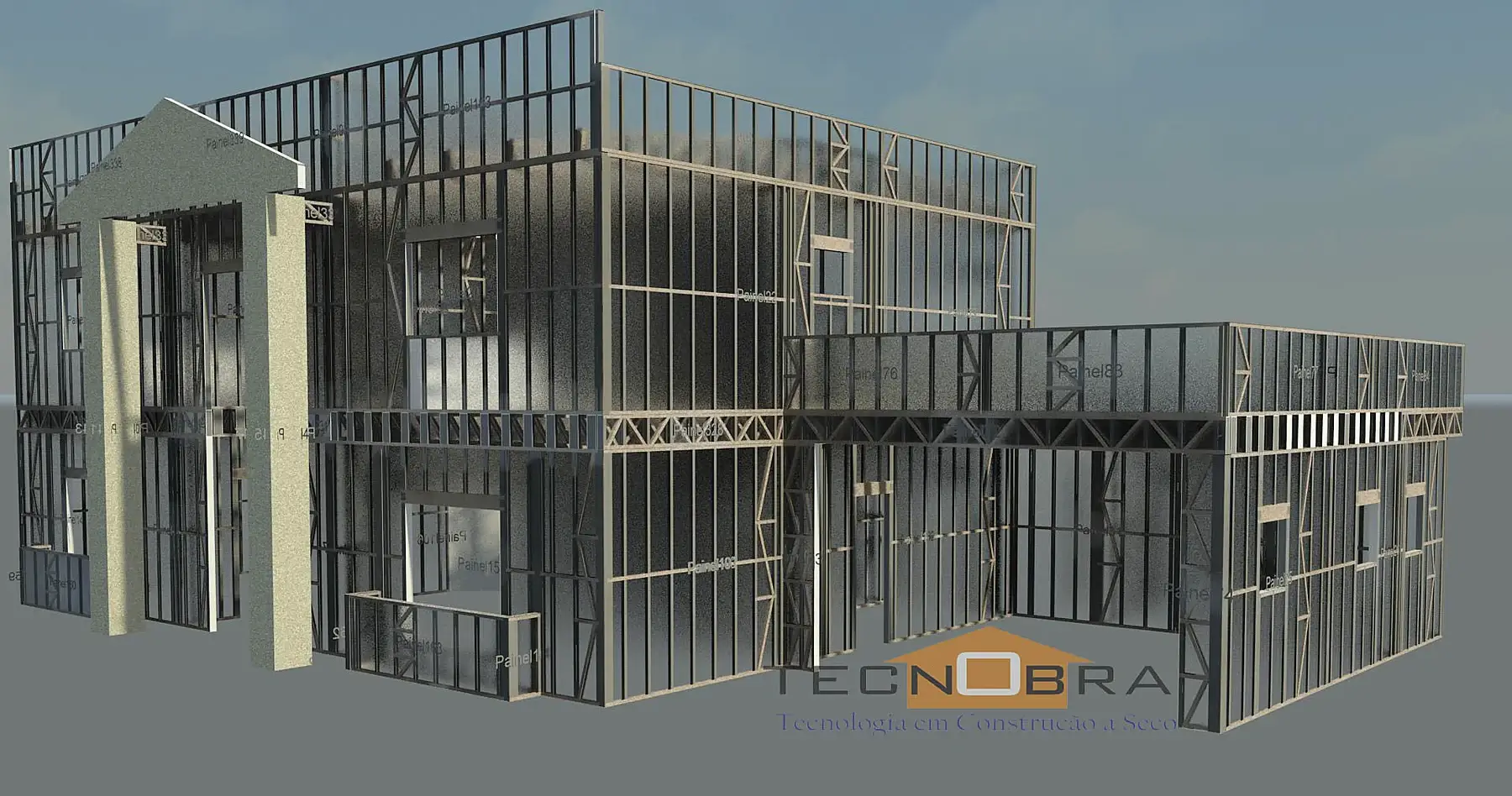 Modelo tridimensional da estrutura em Light Steel Framing da residência do Paratehy.